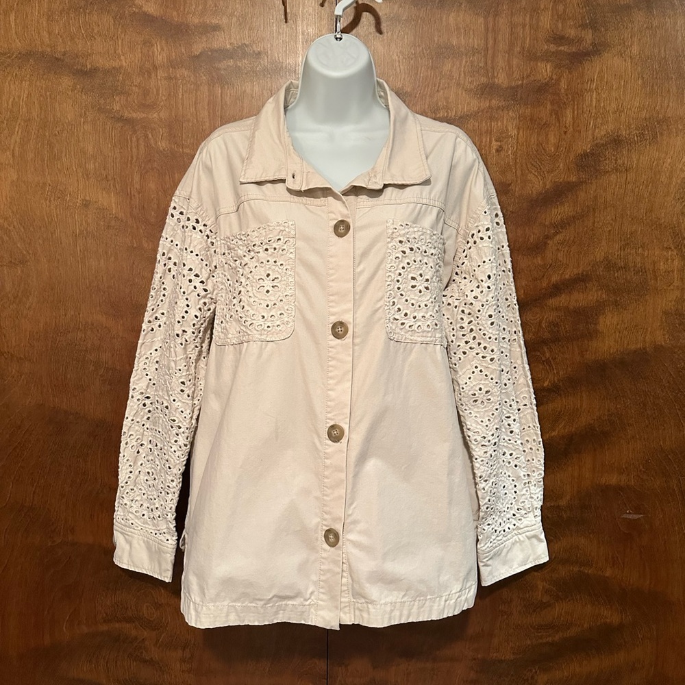 Maurices Twill Button Front Eyelet Shacket Womens L Tan Long Sleeve Jacket Top